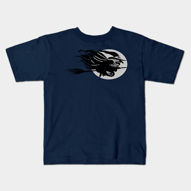 Flying Witch Sat Astride A  Broomstick In Front Of Moon Vector Art Kids T-Shirt by taiche